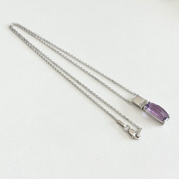 14K Solid White Gold Faceted Amethyst Diamond Accent Pendant Chain Necklace 18" - Picture 4 of 11